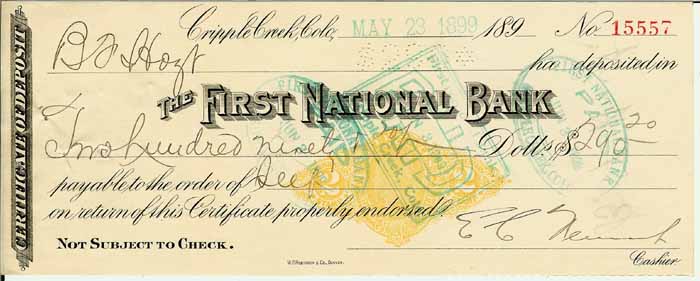 Certificate of Deposit. Dated May 23, 1899. Revenue imprinted